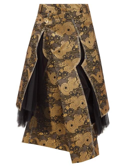 Junya Watanabe - Deconstructed Dragon-brocade And Tulle Skirt - Womens - Black Multi