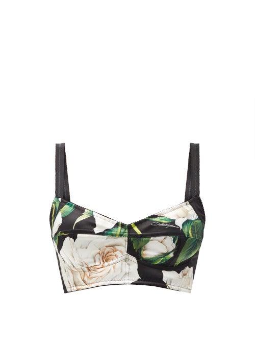 Dolce & Gabbana - Rose-print Silk-blend Satin Cropped Top - Womens - Black White