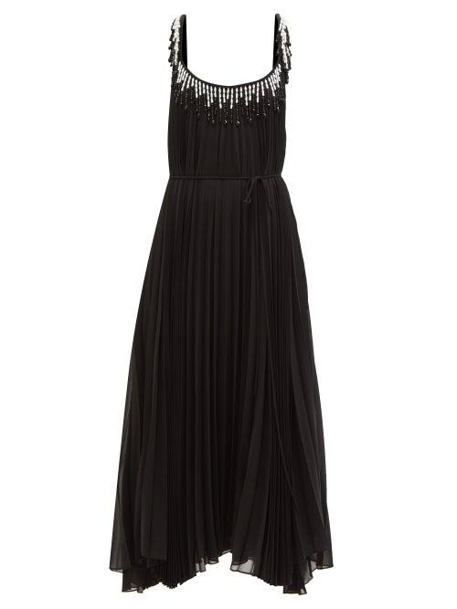 Ladies Rtw Christopher Kane - Bead-fringed Pleated-georgette Maxi Dress - Womens - Black