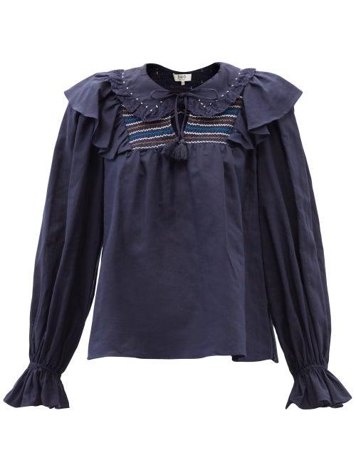 Sea - Luna Ruffled-collar Smocked Linen-blend Blouse - Womens - Navy