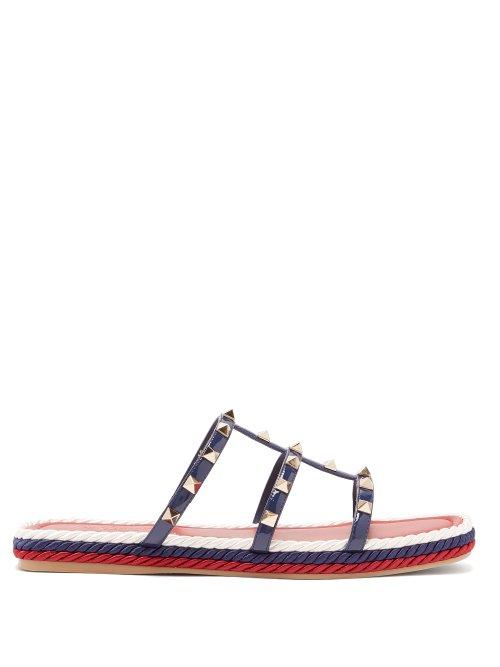 Matchesfashion.com Valentino - Torchon Rockstud Patent Leather Slides - Womens - Navy Multi