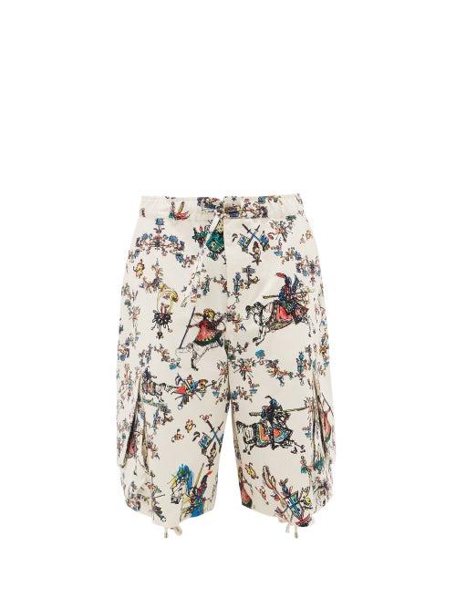 Matchesfashion.com Jw Anderson - Oversized Camelot-print Drawstring Cotton Shorts - Mens - White Multi