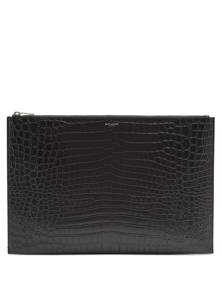 Saint Laurent Logo-print Crocodile-effect Leather Pouch