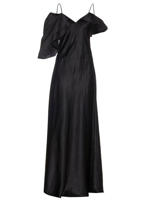 Matchesfashion.com Saint Laurent - Ruffle Trimmed Silk Satin Gown - Womens - Black