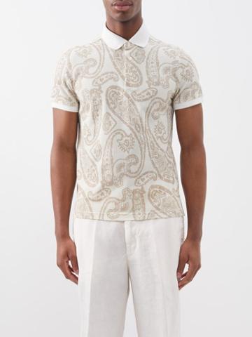 Etro - Paisley-print Cotton Polo Shirt - Mens - Beige Multi