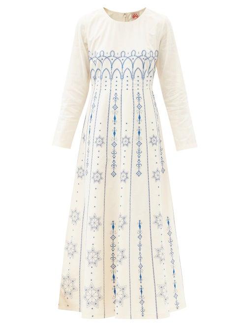 Matchesfashion.com Le Sirenuse, Positano - Tracey Palazzina Embroidered Cotton Midi Dress - Womens - Cream Multi
