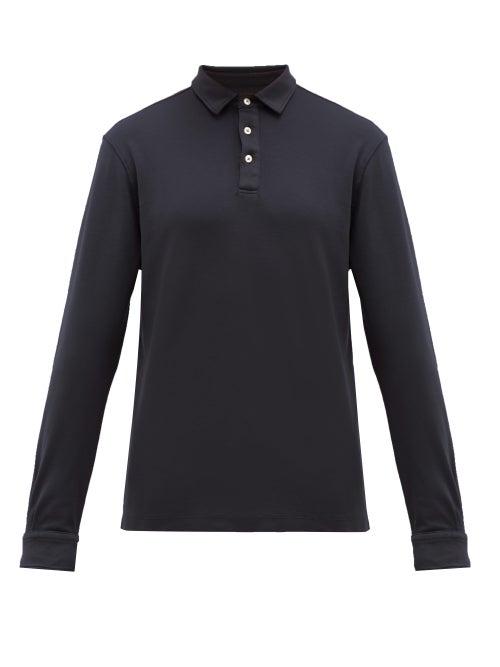 Matchesfashion.com Altea - Long Sleeved Cotton Jersey Polo Shirt - Mens - Navy