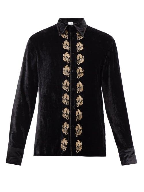 73 London - Leaf-embroidered Velvet Shirt - Mens - Black