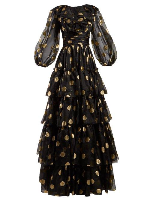 Matchesfashion.com Dolce & Gabbana - Polka Dot Print Tiered Silk Organza Gown - Womens - Black Gold