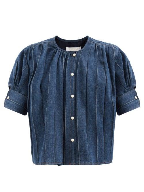Chlo - Pleated Cotton-blend Denim Top - Womens - Denim