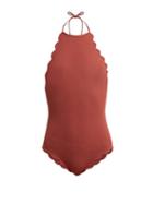 Matchesfashion.com Marysia - Mott Scallop Edged Halter Swimsuit - Womens - Dark Pink