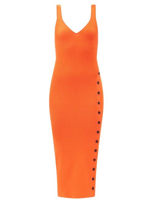 Matchesfashion.com Self-portrait - V-neck Buttoned Side-slit Ribbed Midi Dress - Womens - Orange