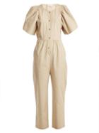 Matchesfashion.com Masscob - Puff Sleeve High Rise Button Down Cotton Jumpsuit - Womens - Beige