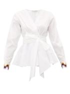 Matchesfashion.com Mary Katrantzou - Orla Wrap Front Cotton Poplin Top - Womens - White