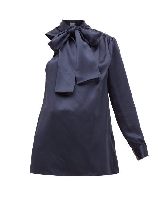 Matchesfashion.com Hillier Bartley - One-sleeve Pussy-bow Silk-charmeuse Blouse - Womens - Navy