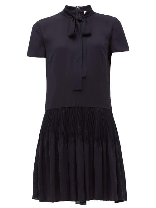 Matchesfashion.com Redvalentino - Tie Neck Pleated Crepe Chiffon Mini Dress - Womens - Navy