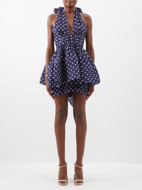 Zimmermann - High Tide Halterneck Polka-dot Linen-blend Dress - Womens - Navy Cream