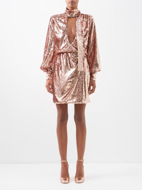 Raquel Diniz - Tais Plunge-neck Sequinned Dress - Womens - Rose Gold