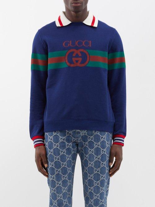 Gucci - Stripe-collar Logo-print Jersey Sweatshirt - Mens - Dark Navy