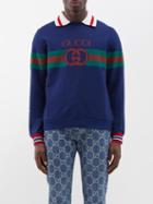 Gucci - Stripe-collar Logo-print Jersey Sweatshirt - Mens - Dark Navy