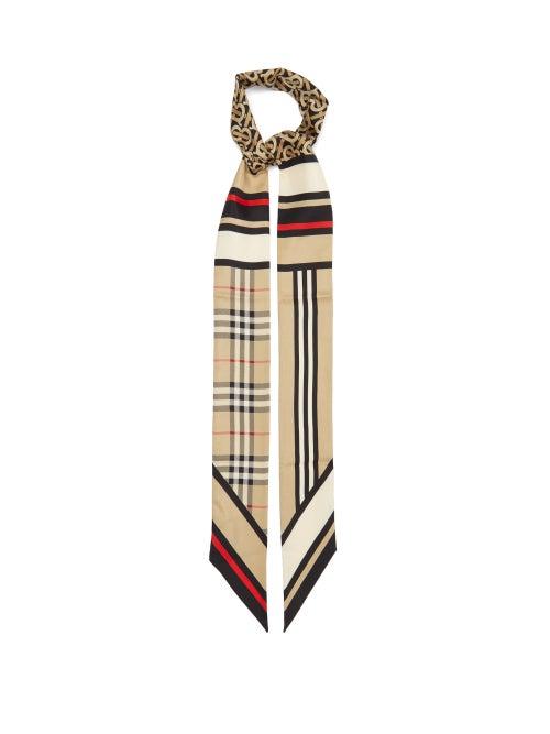 Ladies Accessories Burberry - Vintage-check And Icon-stripe Slim Silk Scarf - Womens - Beige Multi