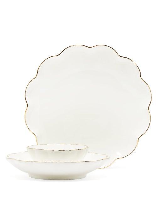 Matchesfashion.com Aerin - Set Of Three Gold-rimmed Ceramic Dishes - Cream
