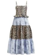 Matchesfashion.com Ganni - Leopard And Moon Print Tiered Poplin Midi Dress - Womens - Blue Multi