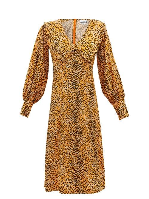 Ganni - Chelsea-collar Cheetah-print Crepe Dress - Womens - Orange Multi