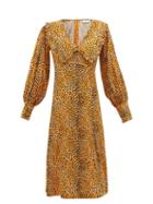 Ganni - Chelsea-collar Cheetah-print Crepe Dress - Womens - Orange Multi