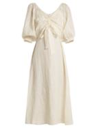 Matchesfashion.com Zimmermann - Painted Heart V Neck Gathered Linen Midi Dress - Womens - Cream