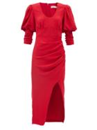 Self-portrait - Puff-sleeve Crepe Midi Dress - Womens - Red