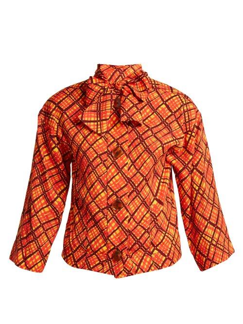 Matchesfashion.com Marni - Checked Pussy Bow Crepe Blouse - Womens - Orange Print