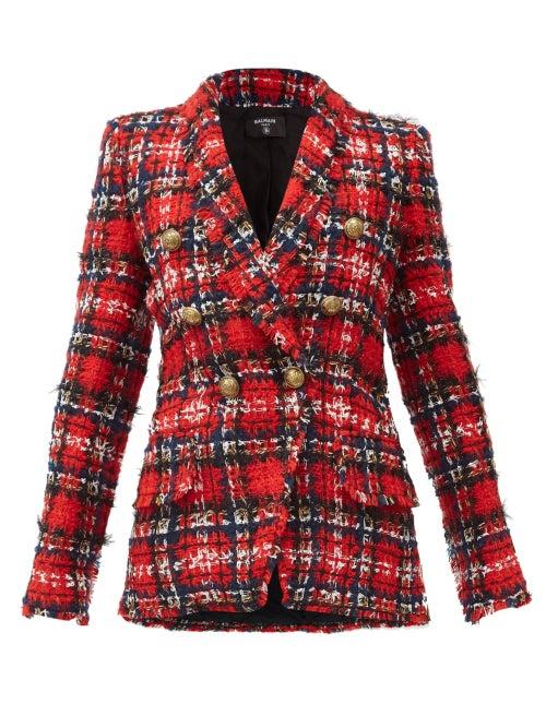 Matchesfashion.com Balmain - Double-breasted Tartan Tweed Blazer - Womens - Red Multi
