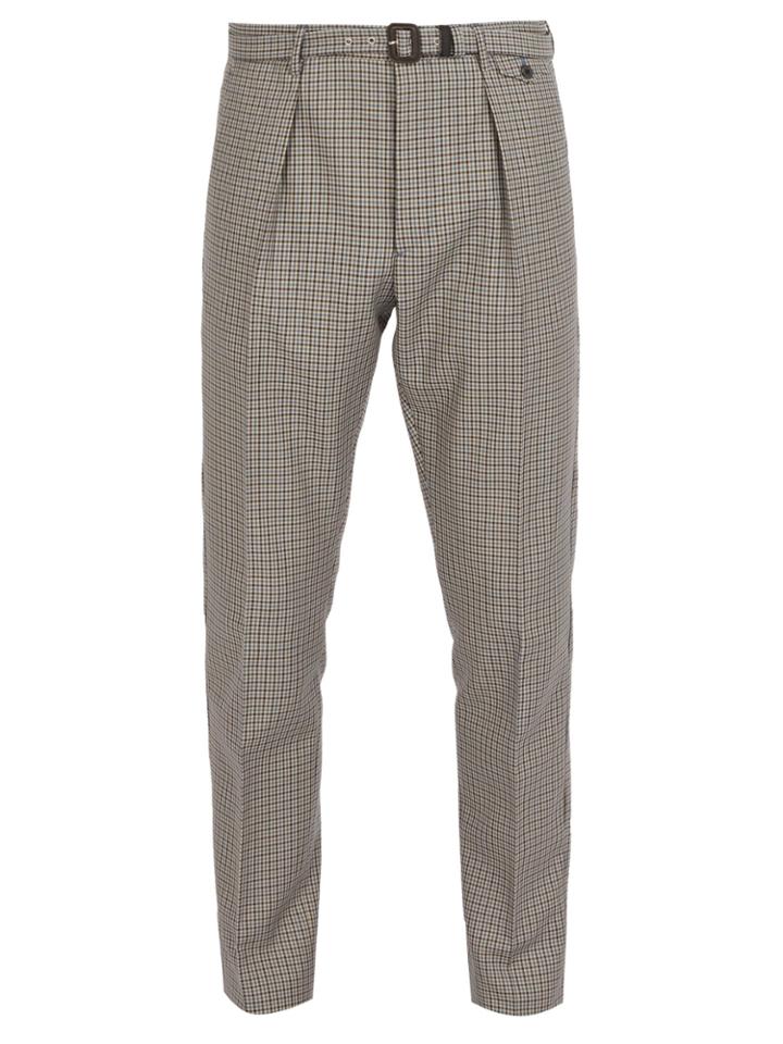 Prada Belted Checked Wool-blend Trousers