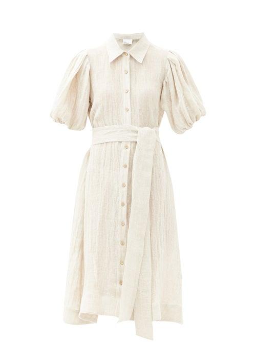 Matchesfashion.com Lisa Marie Fernandez - Gathered-sleeve Linen-blend Calico Shirt Dress - Womens - Grey