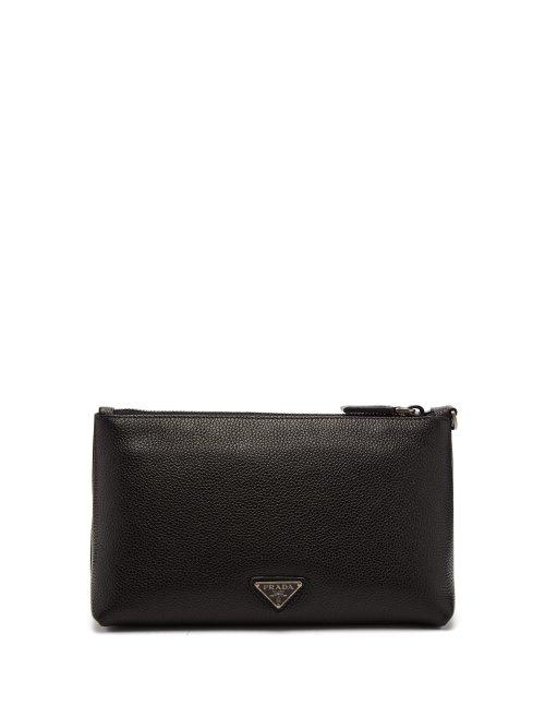Matchesfashion.com Prada - Logo Embellished Grained Leather Wash Bag - Mens - Black
