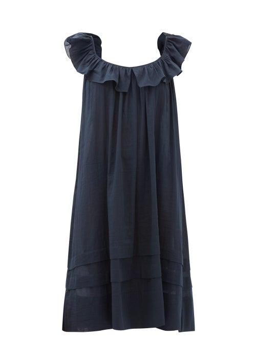 Matchesfashion.com Loup Charmant - Cirrus Ruffle-neck Organic-cotton Midi Dress - Womens - Navy