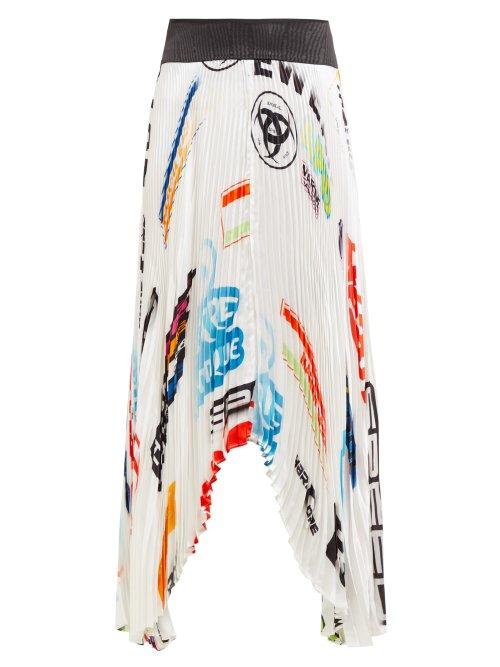 Matchesfashion.com Marine Serre - Logo Print Contrast Panel Pleated Satin Skirt - Womens - White Multi