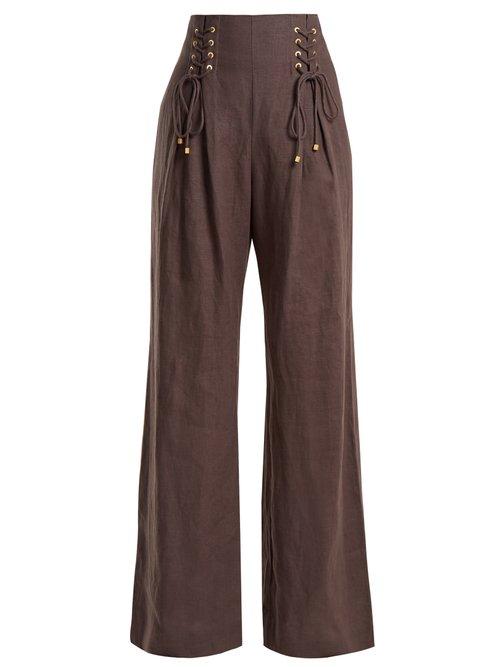 Matchesfashion.com Zimmermann - Painted Heart Wide Leg Lace Up Linen Trousers - Womens - Charcoal