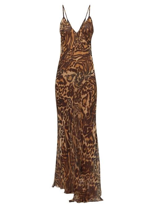 Matchesfashion.com Raey - Dip Hem Tiger Print Sheer Silk Slip Dress - Womens - Brown Multi