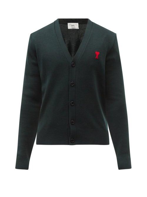 Ami - Ami De Coeur Logo-embroidered Merino Cardigan - Mens - Dark Green
