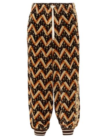 Matchesfashion.com Gucci - Gg-logo Daisy Chevron-print Velvet Track Pants - Mens - Brown Multi