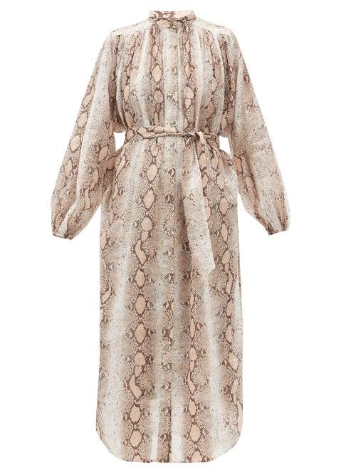 Matchesfashion.com Zimmermann - Bellitude Snake-print Ramie Dress - Womens - Beige Print