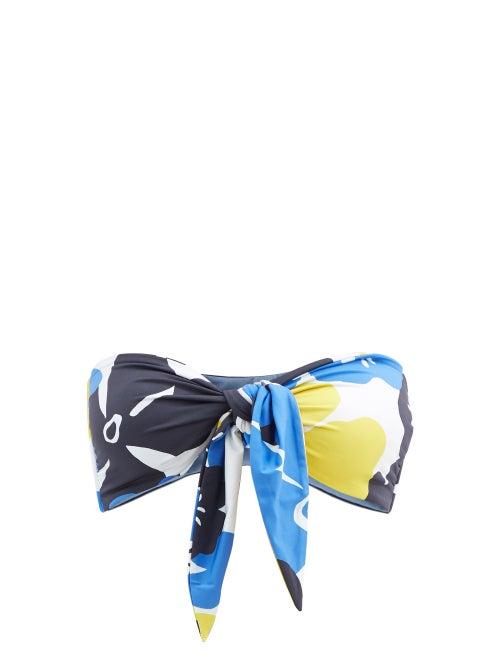 Matchesfashion.com Cala De La Cruz - Bimba Floral-print Knot-front Bandeau Bikini Top - Womens - Blue Print