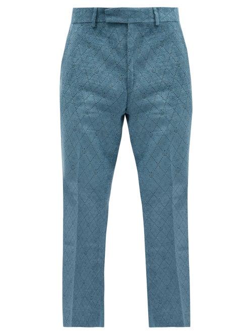 Matchesfashion.com Amiri - Diamond-jacquard Velvet Flared Trousers - Mens - Blue