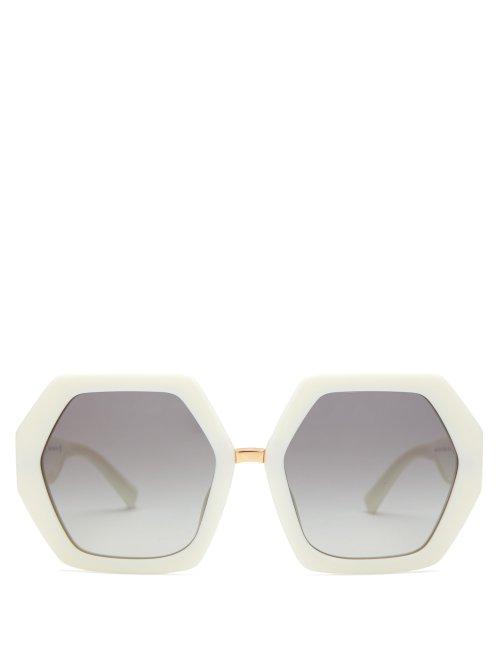 Matchesfashion.com Valentino - Hexagon Frame Acetate And Metal Sunglasses - Womens - White