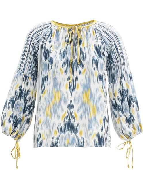 Matchesfashion.com D'ascoli - Amina Ikat-print Silk-crepe Blouse - Womens - Blue Multi