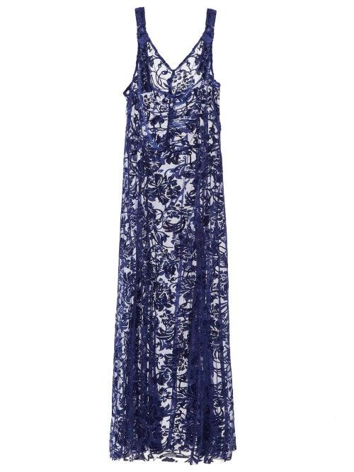 Norma Kamali - Eloise Floral-devor And Mesh Dress - Womens - Dark Blue