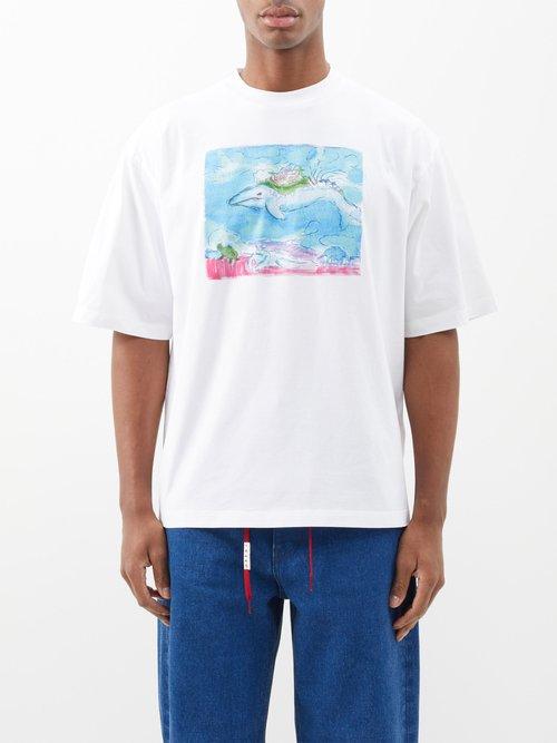 Marni - Printed Cotton-jersey T-shirt - Mens - White Blue Multi