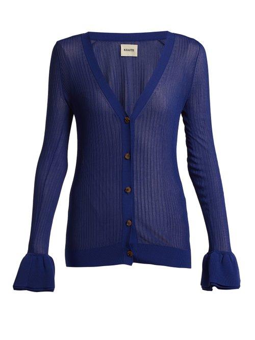 Matchesfashion.com Khaite - Eloise Ruffled Cuff Ribbed Knit Cardigan - Womens - Dark Blue